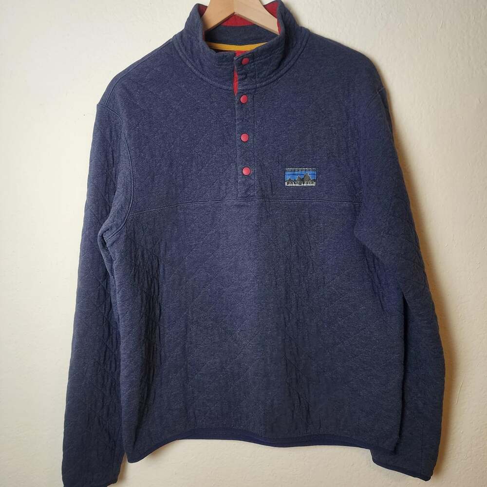 Patagonia Sweatshirt Mens Medium Blue Quilted Snap Pullover Organic Cotton